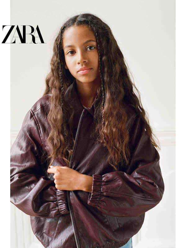 جاكيت جلدي صناعي بأكمام طويلة لفصل الخريف من ZARA2025 Autumnللأطفال البنات بتصميم طيار أنيق