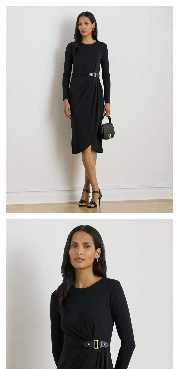 فستان لورين لورين نسائي أسود طويل الأكمام بحزام جلد وإبزيم ذهبي تصميم أنيق ومريح للمناسبات الرسمية والسهرة