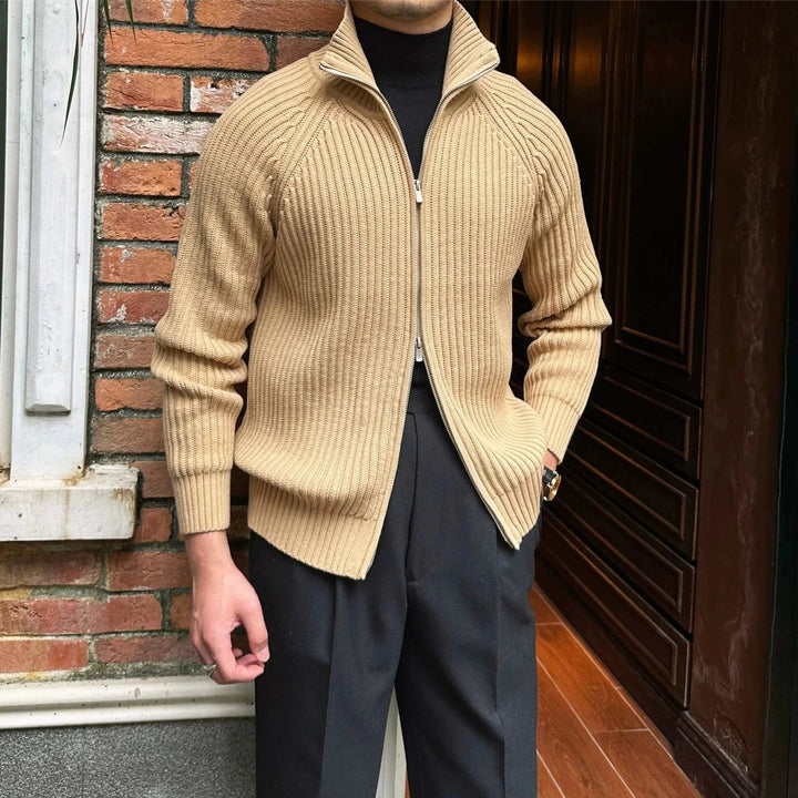 Mr. Lusan cardigan retro slim beige ribbed knit zip-up sweater for men