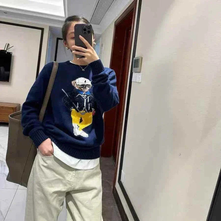 كنزة محبوكة برقبة مستديرة بنقشة دب كاجوال أمريكية أصلية هوت كوتور