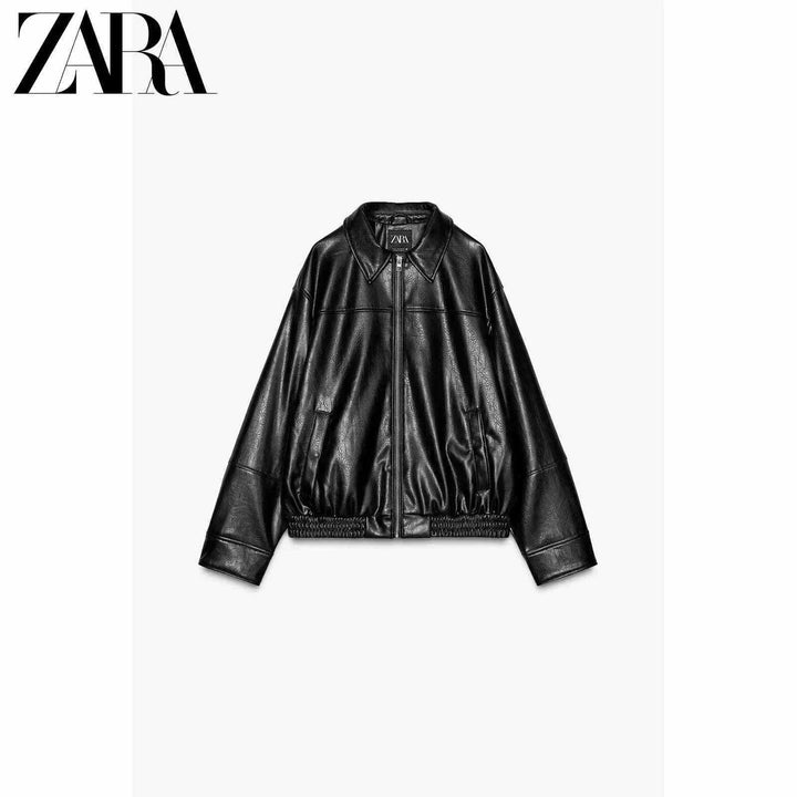 جاكيت بومبر نسائي من الجلد الصناعي بياقة من مجموعة ZARA2025 new spring بلون أسود وتصميم عصري