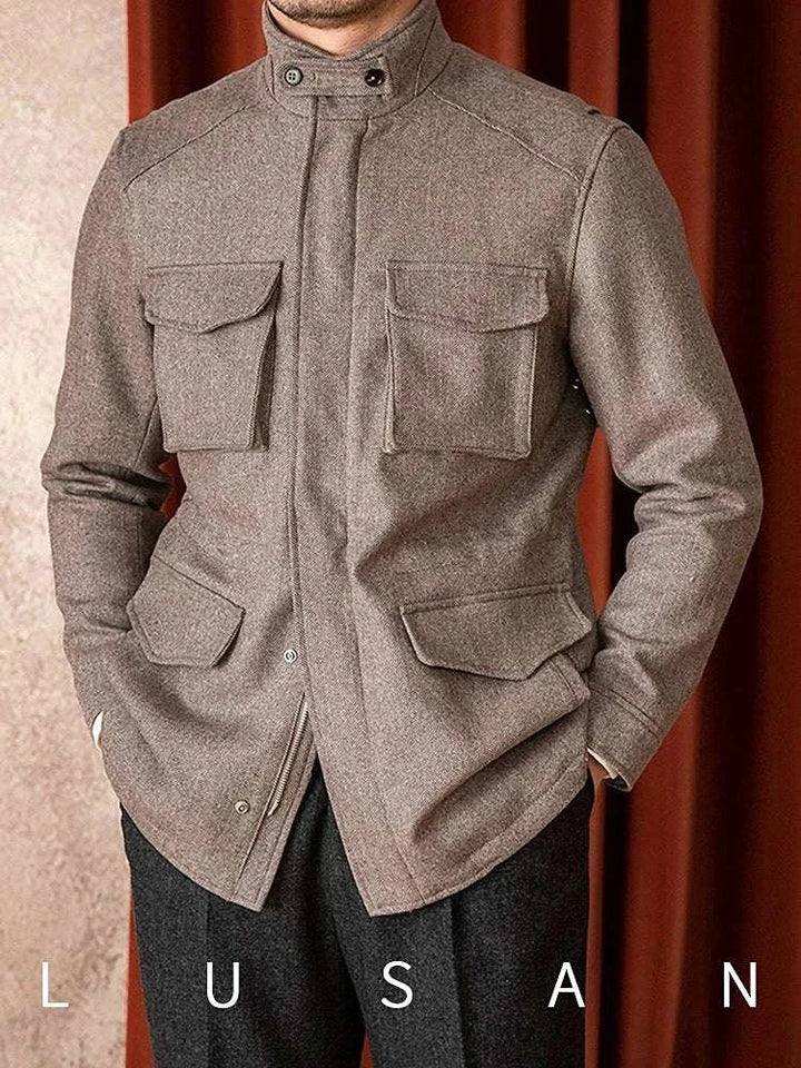 Mr. Lusan جاكيت 10 Italian Gentleman Jacket beige herringbone fabric with high collar and four flap pockets