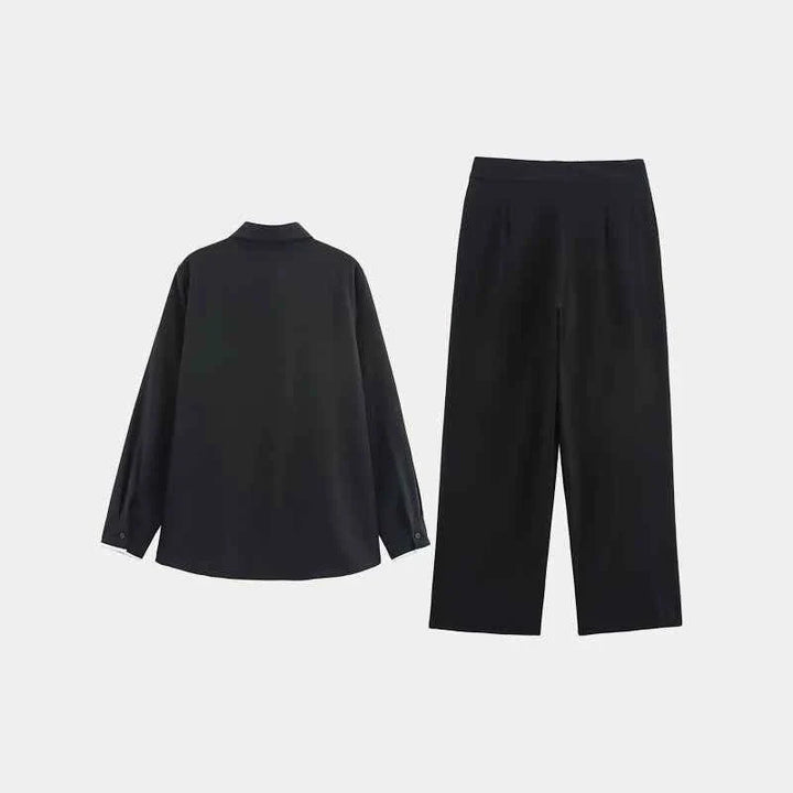 Summer 2025 women's black retro contrast shirt and straight pants suit set