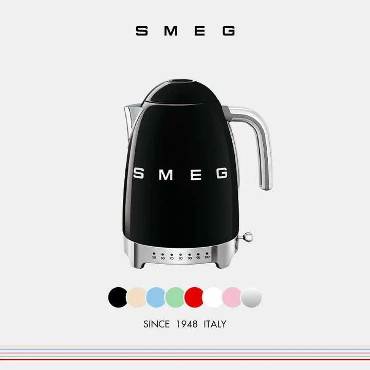 SMEG KLF04 Retro electric kettle in black with 1.7L capacity, stainless steel body, 7 temperature settings, and 360° swivel base.
