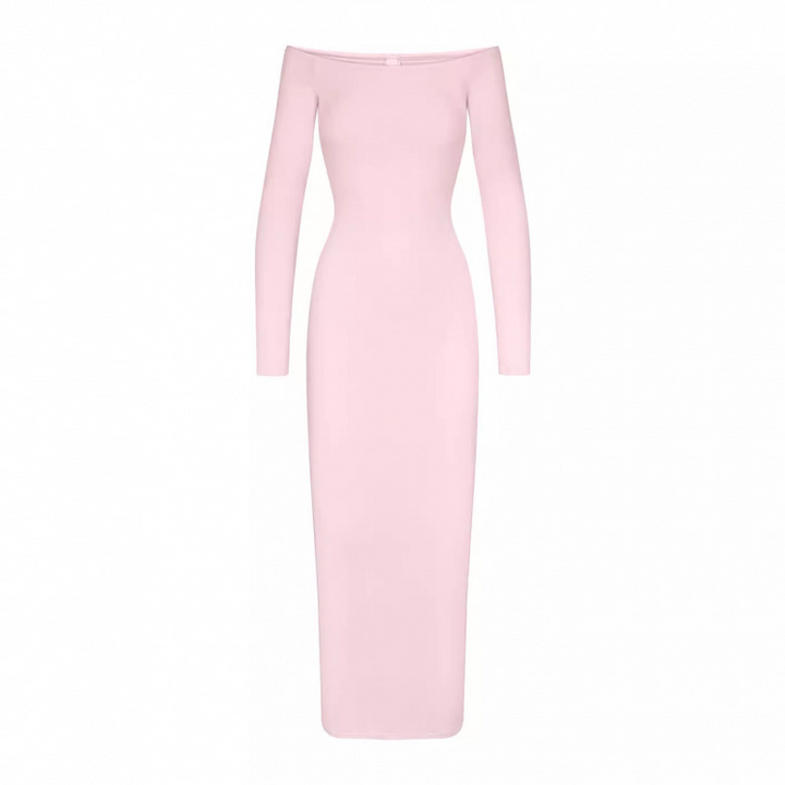 SKIMS pink off-shoulder long sleeve maxi dress with a fitted silhouette and soft stretchy fabric