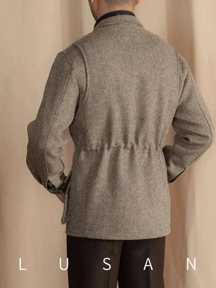 Mr. Lusan jacket vintage beige tweed textured fabric back view with adjustable waist for a tailored fit