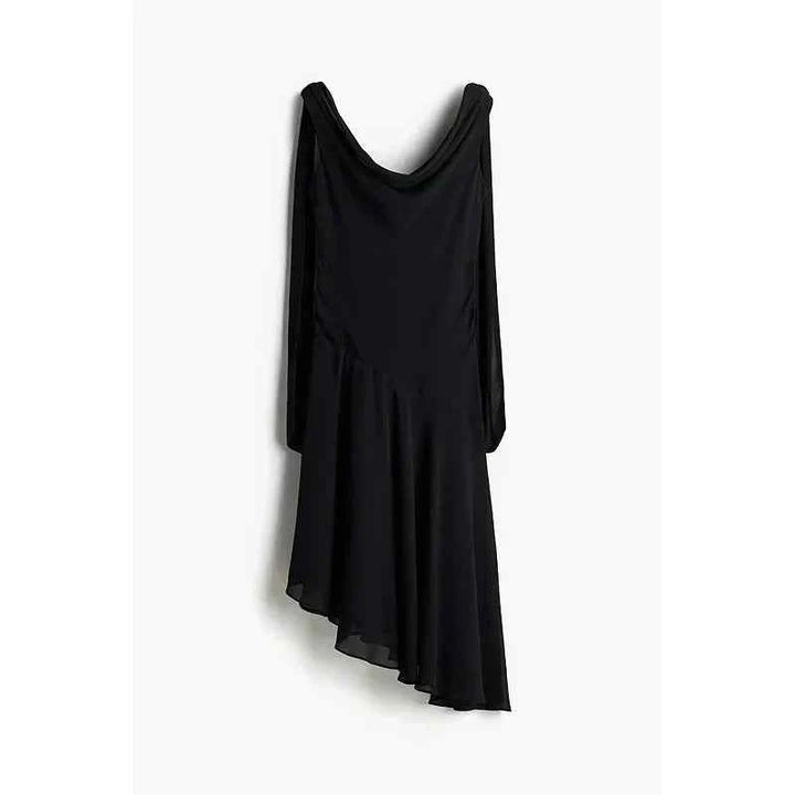 H&M black midi dress with round neckline and asymmetrical hem.