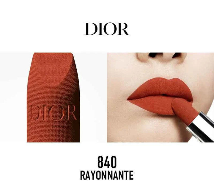Rouge Dior الكلاسيكية matte lipstick shade 840 Rayonnante with embossed Dior logo and vibrant red lip color application.