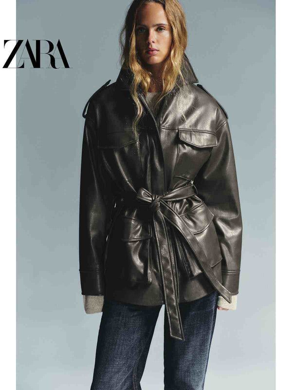 جاكيت جلد لامع نسائي فضفاض موسم خريف ZARA2025 Fall موديل جديد