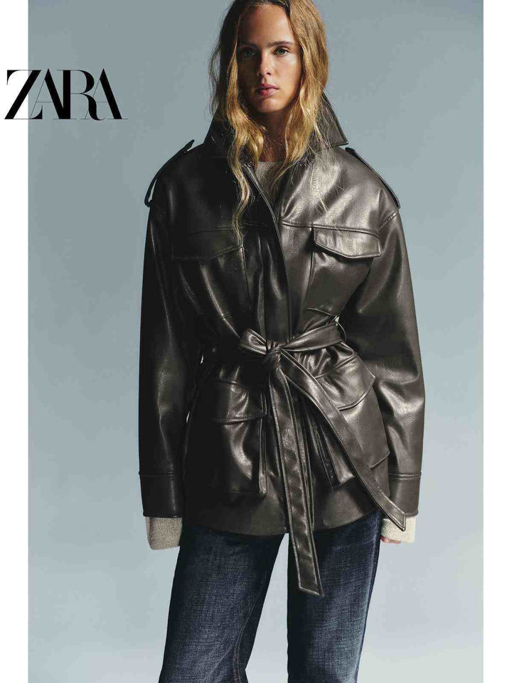 جاكيت جلد لامع نسائي فضفاض موسم خريف ZARA2025 Fall موديل جديد