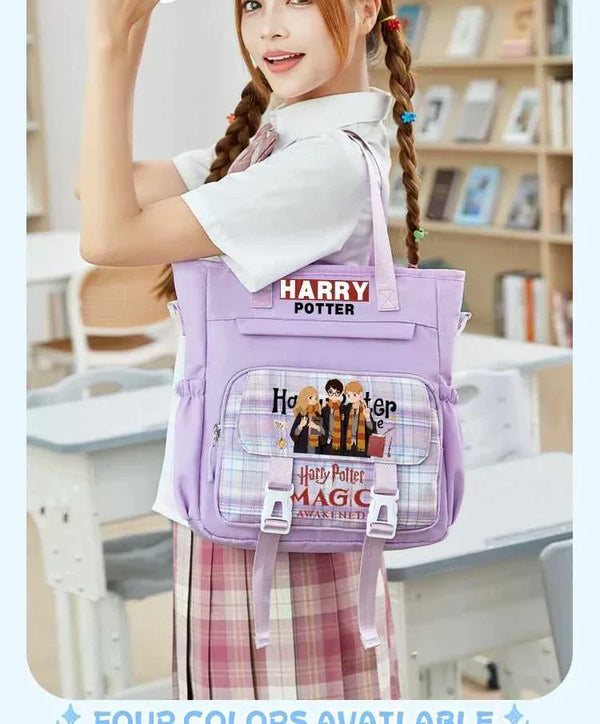 Harry Potter themed purple school backpack with cartoon character design and multiple pockets, lightweight and durable, suitable for daily use.
