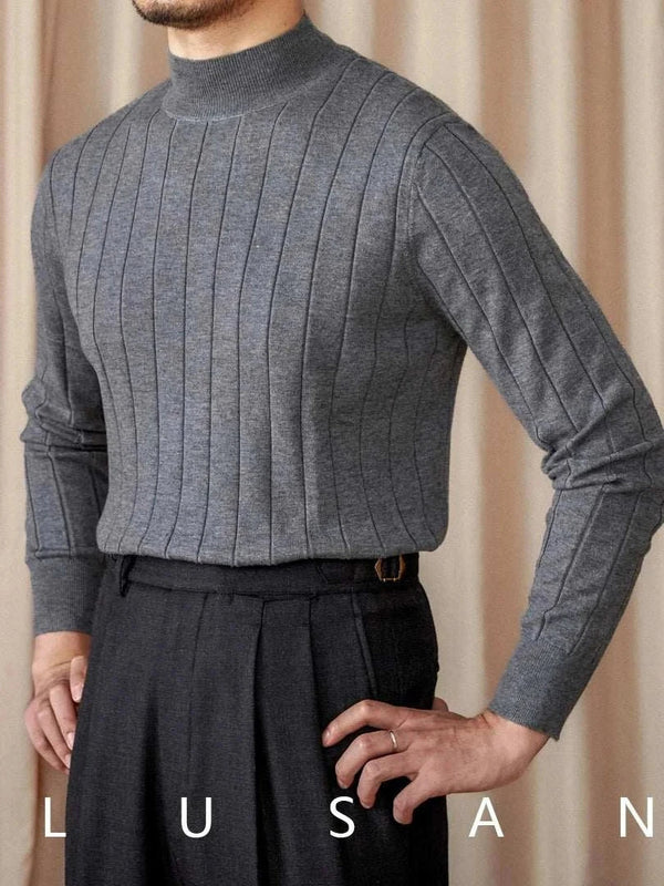 Mr. Lusan pullover slim wool gray Italian semi-turtleneck sweater with vertical stripes and slim fit