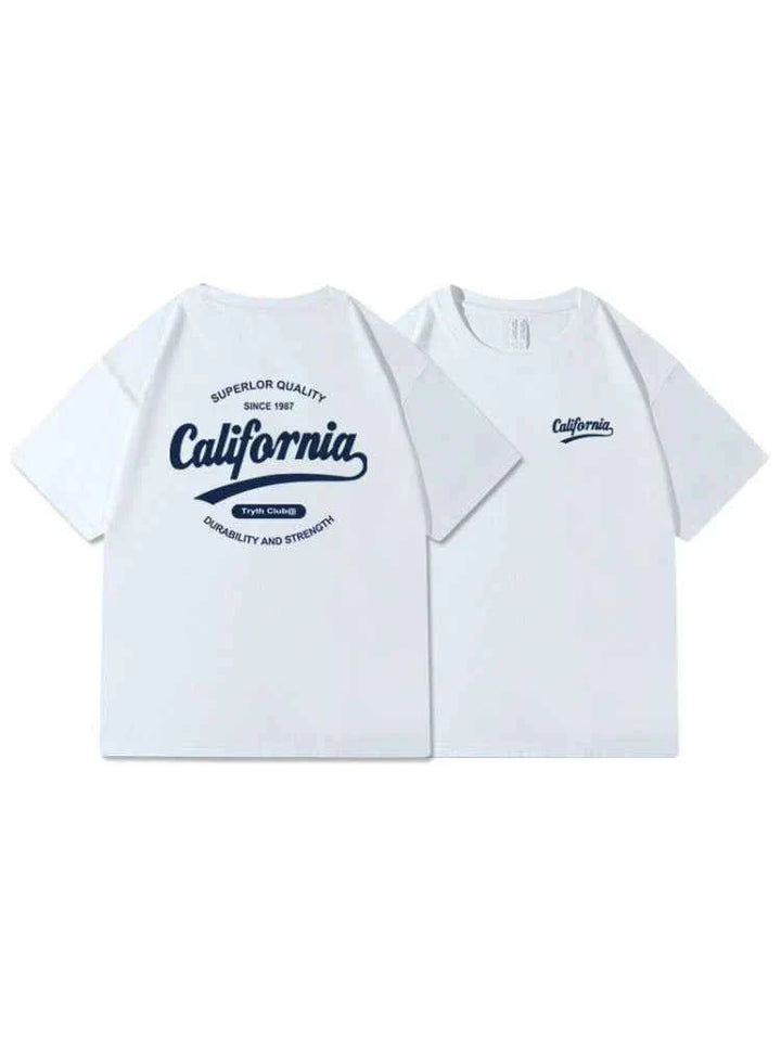 White California Club casual t-shirt with bold front and back print, soft cotton material, unisex design.