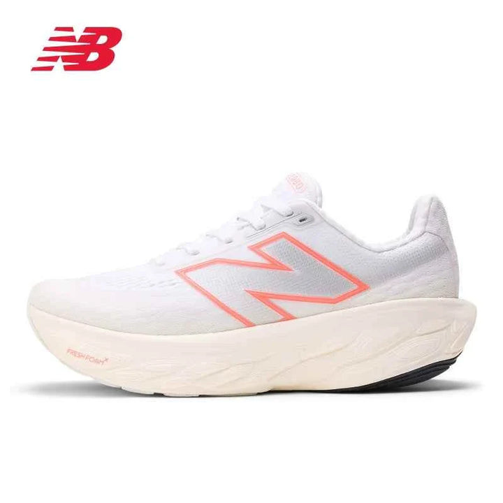 White New Balance Fresh Foam X 1080 v14 running shoe with pink accents and cushioned sole for comfort and performance