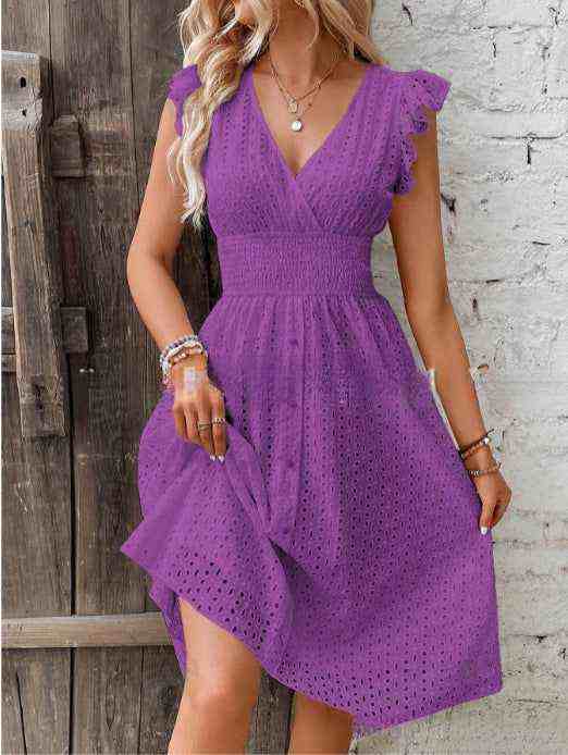 Elegant purple cut-out dress with ruffle sleeves and V-neck design, perfect for summer fashion.