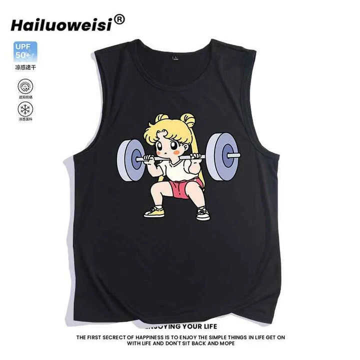 Black sleeveless cartoon girl weightlifting sports cut t-shirt
