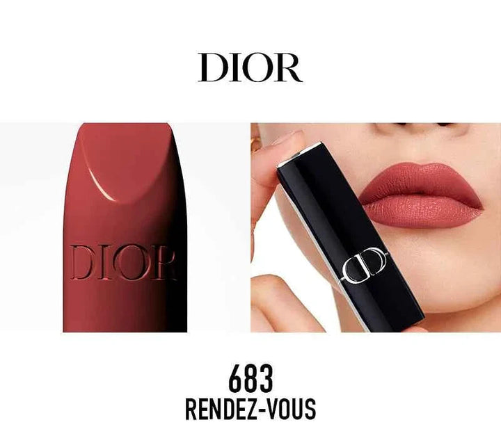 Rouge Dior الكلاسيكية classic lipstick collection featuring shade 683 Rendez-vous with rich, elegant red color and smooth satin finish