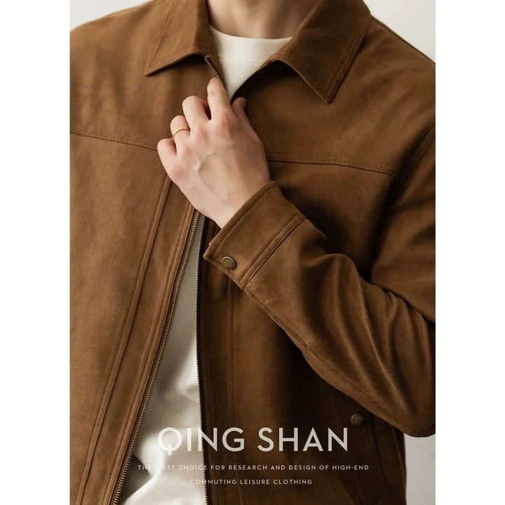 جاكيت شامواه رجالي بني فاخر بتصميم كلاسيكي وجيوب جانبية وسحاب معدني