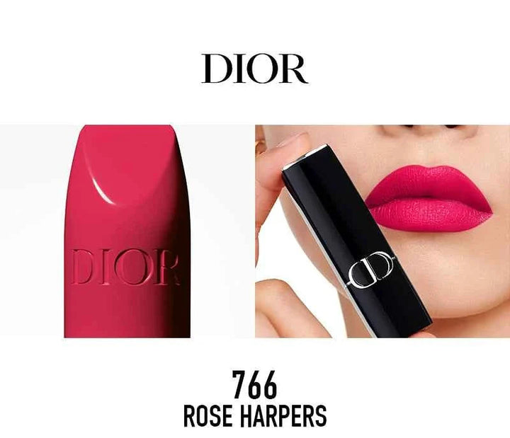 Rouge Dior الكلاسيكية lipstick in shade 766 Rose Harpers with vibrant pink color and sleek black tube packaging