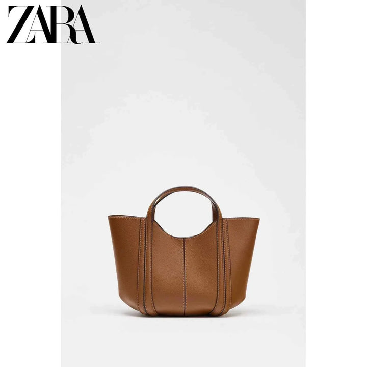 حقيبة يد نسائية صغيرة كاجوال بني بتطريز خيوط تصميم جديد صيف ZARA2025