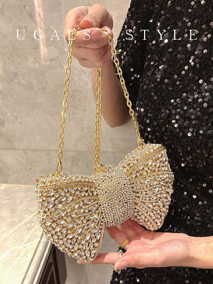 UGALS French شنطة Clutch بتصميم Bow مرصعة بالكريستال - لون ذهبي