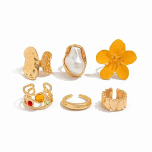 طقم خواتم نسائية بتصميم زهور ولؤلؤ Vintage Rings Set.