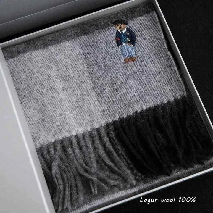 وشاح صوفي 100٪ بتصميم الدب البريطاني الكلاسيكي بنمط بريوفنتيج نسائي ورجالي معشوق للشتاء باللون الرمادي والأسود