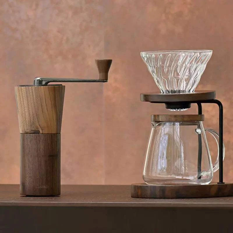 HARIO Walnut V60 Coffee Filter Cup and Grinder.