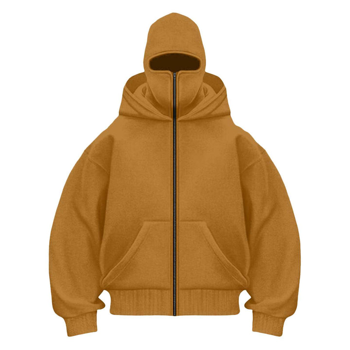 هودي النينجا المبطن السميك مع قناع مدمج وسحاب أمامي باللون البني