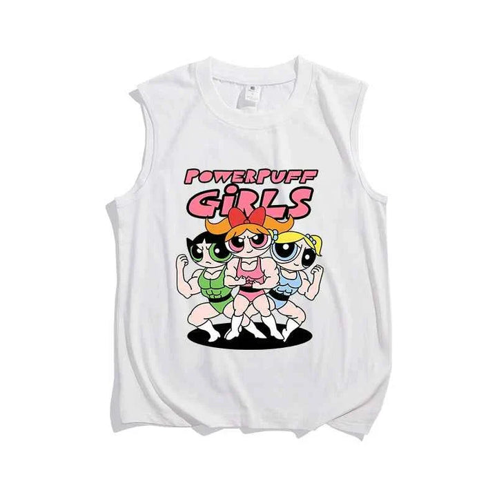 White sleeveless summer cotton t-shirt with Powerpuff Girls cartoon print for youth.