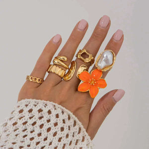 طقم خواتم نسائية بتصميم زهور ولؤلؤ Vintage Rings Set.