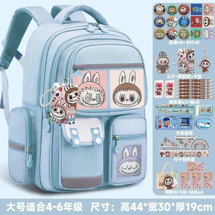 Light blue LABUBU backpack for kids with cute cartoon design, ergonomic back protection, multiple compartments, and 40-piece free school supplies set.
