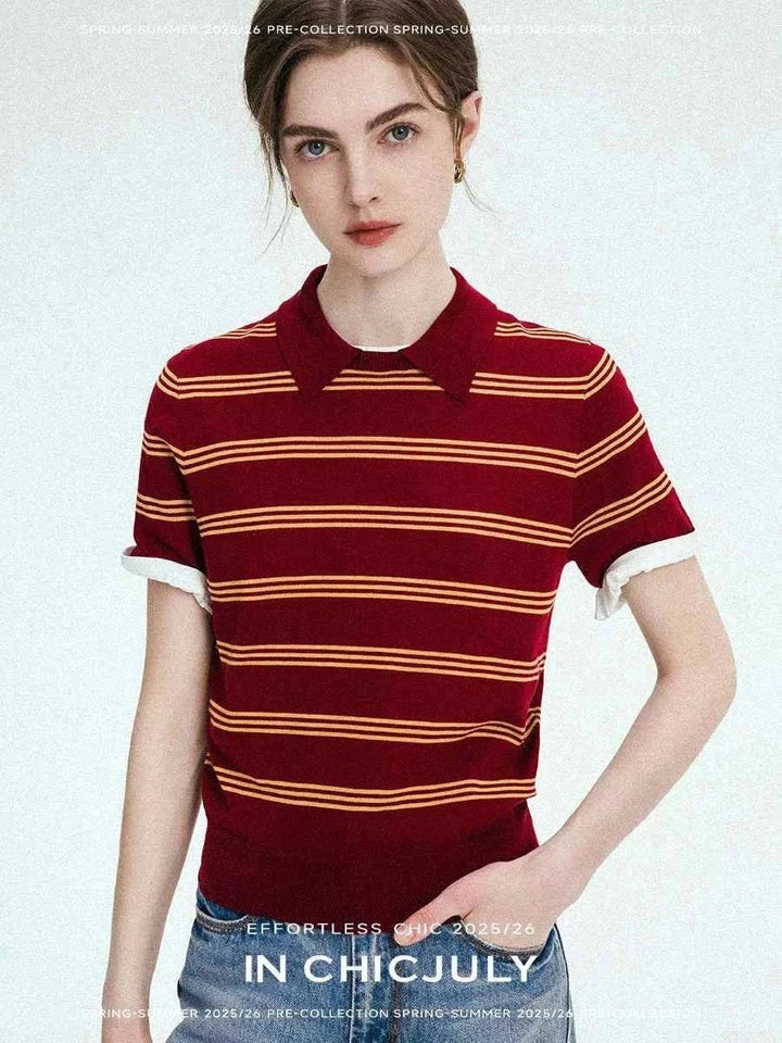 Women's طقم CHICJULY casual striped burgundy and gold short-sleeve top in soft wool blend fabric spring summer 2025/26 collection