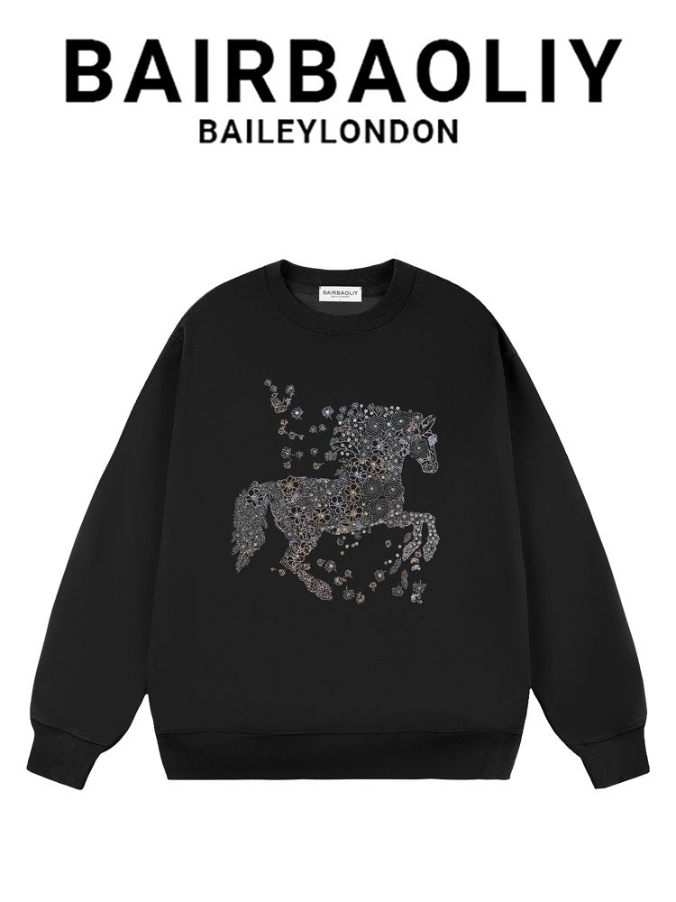 BAIRBAOLIY2025 autumn and winter new light luxury high-quality heavy craft war horse hot diamond fashion casual crew neck sweatshirt