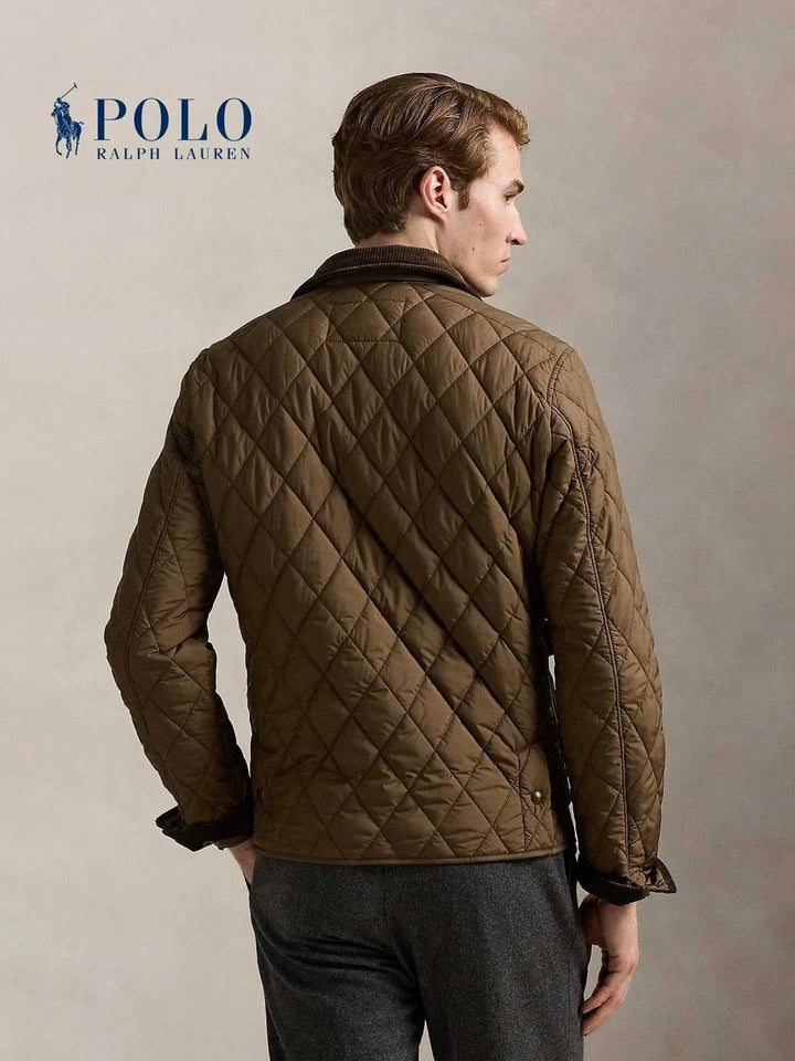 جاكيت Ralph Lauren بني زيتوني مبطن بتطريز ماسي وتصميم كلاسيكي أنيق للرجال