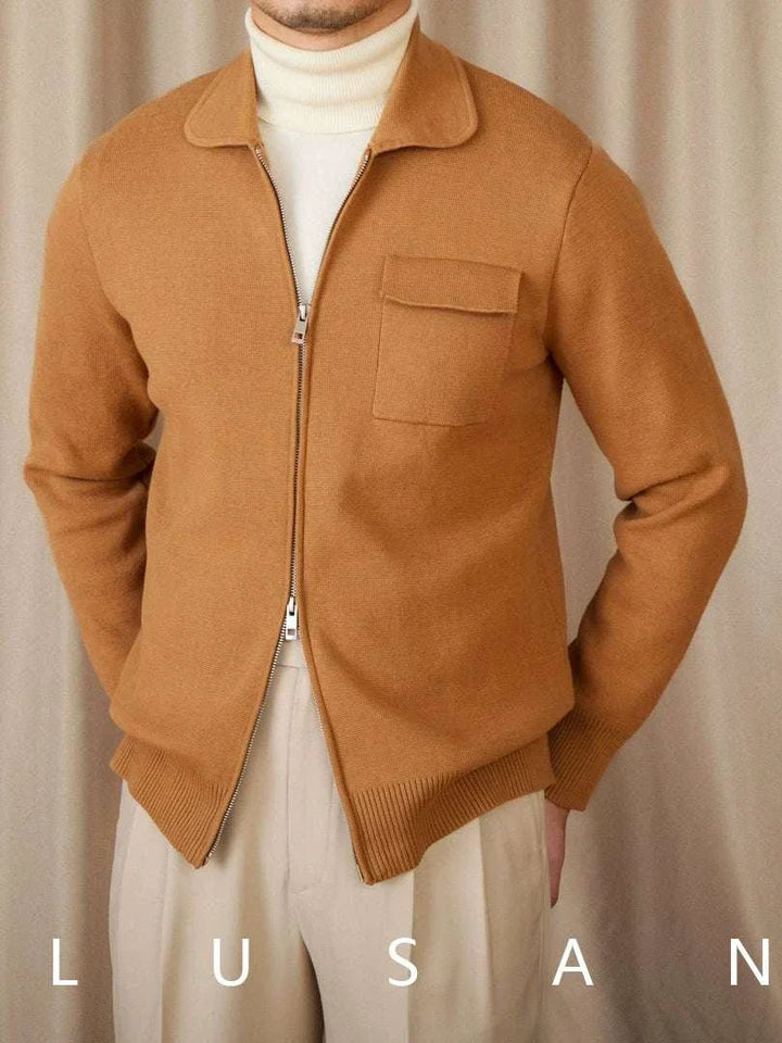 Mr. Lu San's slim fit British light cardigan jacket in camel brown with zip and chest pocket