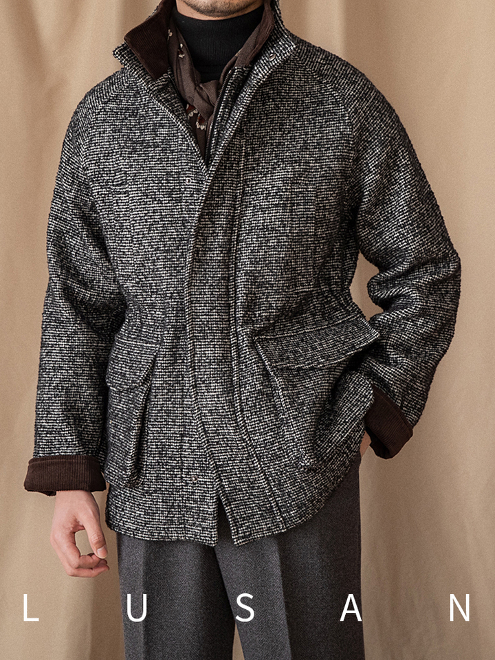 Mr. Lusan 92% wool heavy جاكيت تويد أسود وأبيض مع ياقة korduroy بني وجيوب كبيرة للرجال