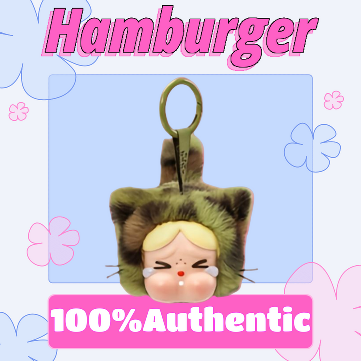 POP MART Crybaby Leopard Cat keychain with blushing face and text, "Hamburger 100% Authentic."