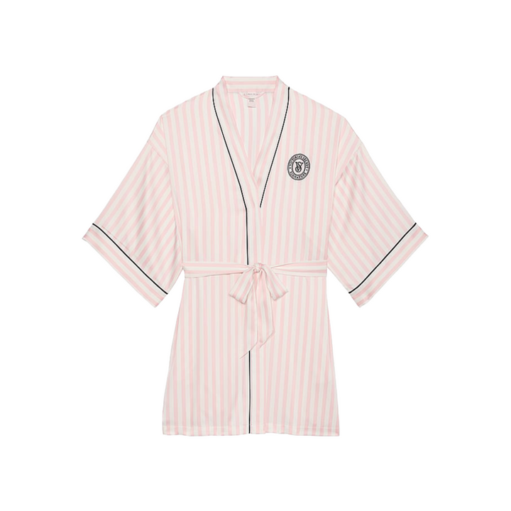 Victoria's Secret women's classic striped pink satin bathrobe with embroidered logo and lace-up belt