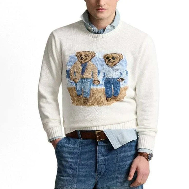 كنزة رجالية قطنية من Polo Bear بتطريز دب مميز وألوان نيفي وبيج لمظهر أنيق دافئ ومريح لخريف وشتاء 2025