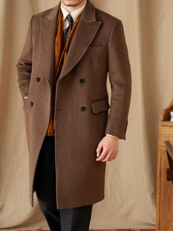 Mr. Lusan gentleman brown wool double-breasted British coat with notch lapel and flap pockets