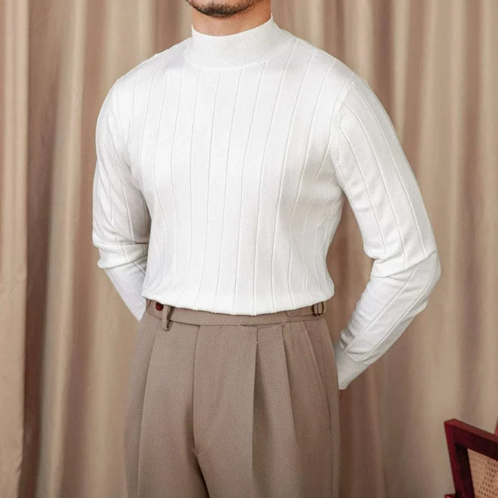 Mr. Lusan pullover slim white wool sweater with Italian semi-turtleneck and vertical ribbed design