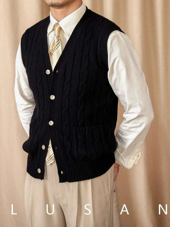 Mr. Lu San's wool cardigan vest black cable knit with pearl buttons and front pockets for men