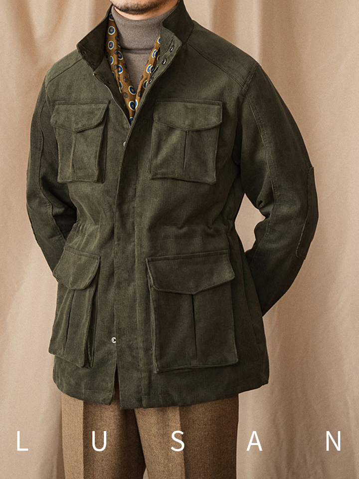 Mr. Lusan hunting jacket in olive green with multiple front pockets and a standing collar.