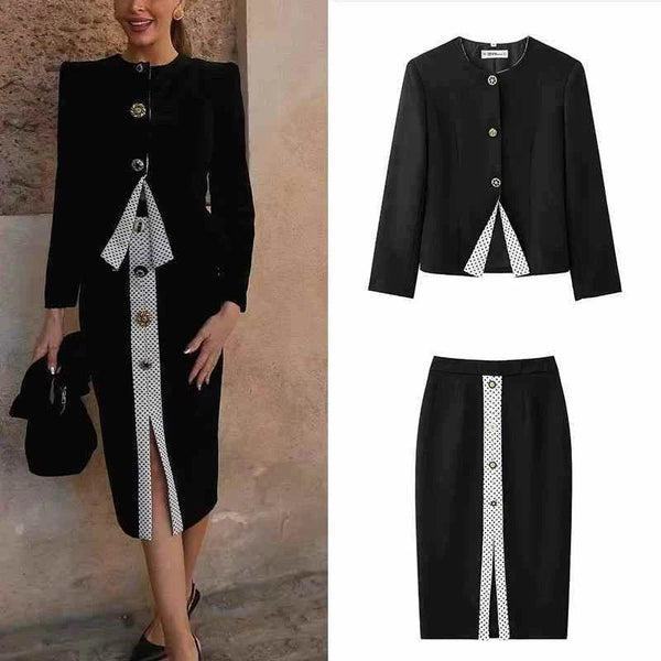 ZA Women's Spring 2025 Blazer retro black long sleeve blazer and high-waisted skirt suit with contrast polka dot spliced design and button details