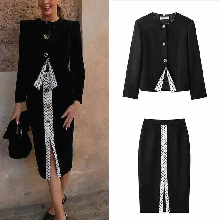 ZA Women's Spring 2025 Blazer retro black long sleeve blazer and high-waisted skirt suit with contrast polka dot spliced design and button details