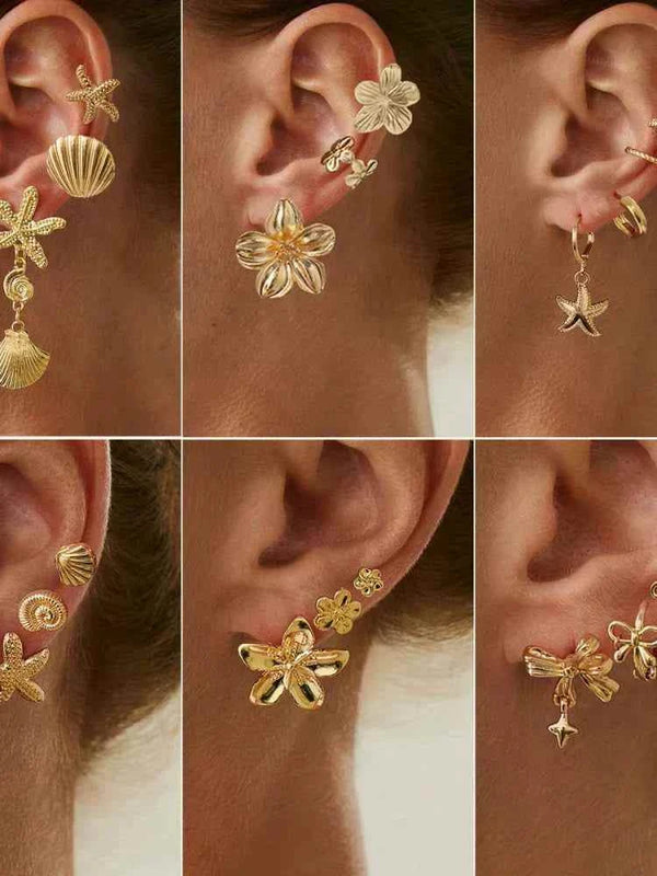 طقم أقراط نسائية صغيرة ذهبي بتصاميم زflower starfish مع قوس بشكل C يناسب الموضة الأوروبية والأمريكية 2025