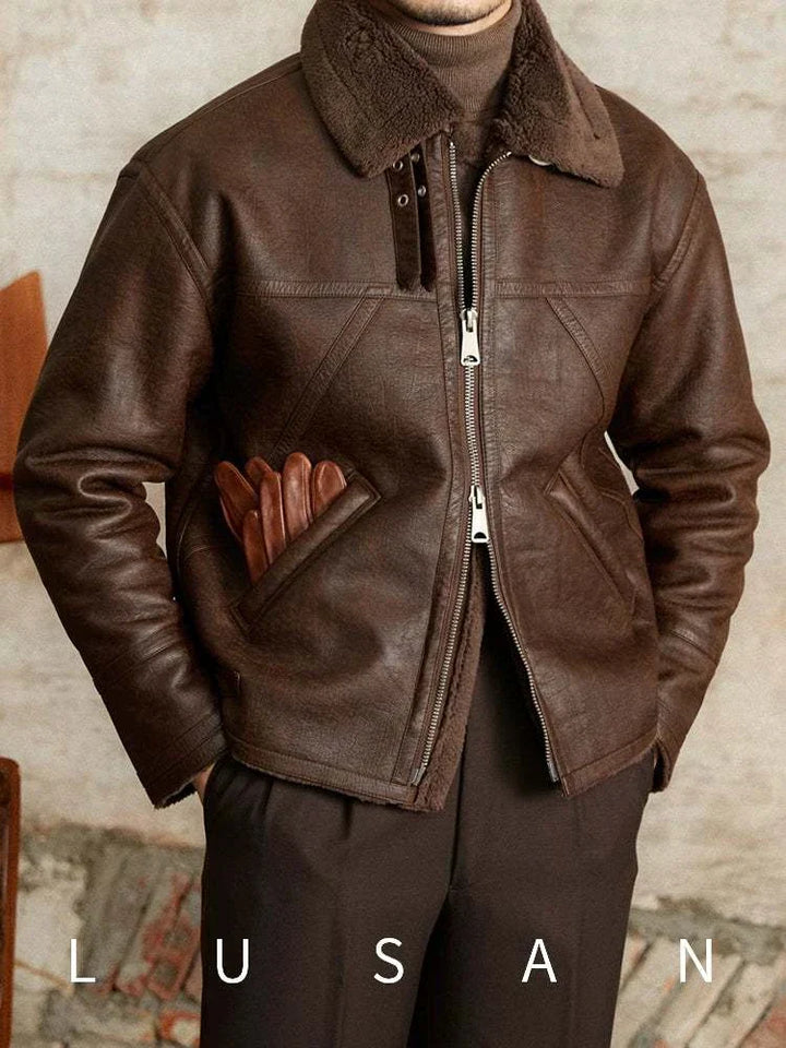 Mr. Lu San leather jacket brown shearling warm stylish with metal zippers and adjustable fit