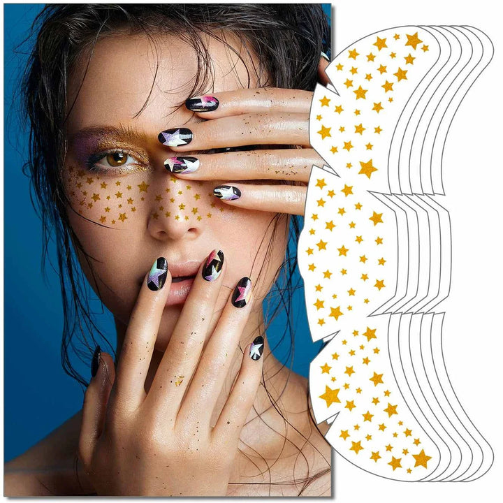 Taylor Swift Freckle Makeup Patches with gold star designs on a model's face enhancing a radiant and bold look