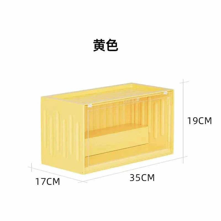 Yellow storage box with transparent front, measuring 35cm x 17cm x 19cm.